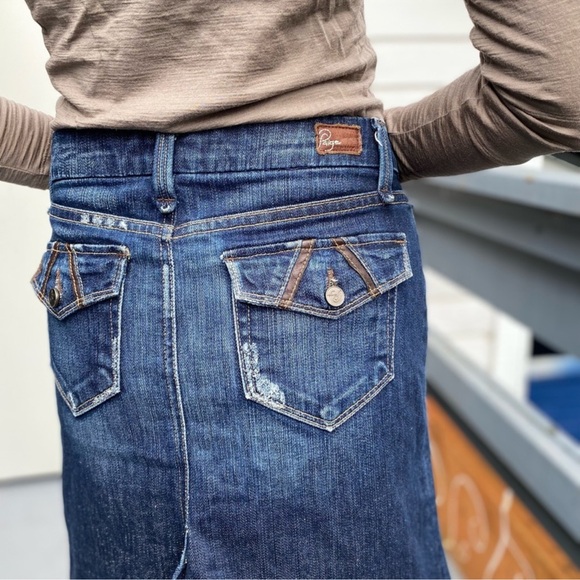 Paige Fairfax jean mini skirt, embroidered flap pockets, size 27 - Picture 3 of 12